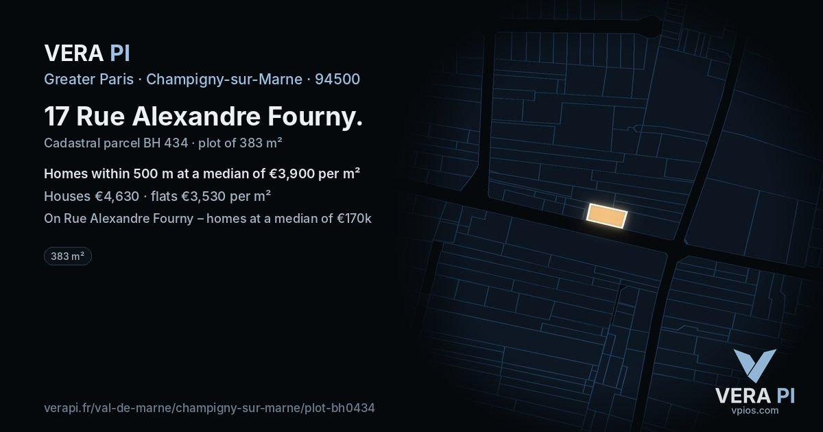 17 Rue Alexandre Fourny, Champigny-sur-Marne at night – the plot lit, the parcels around coloured by the prices near them