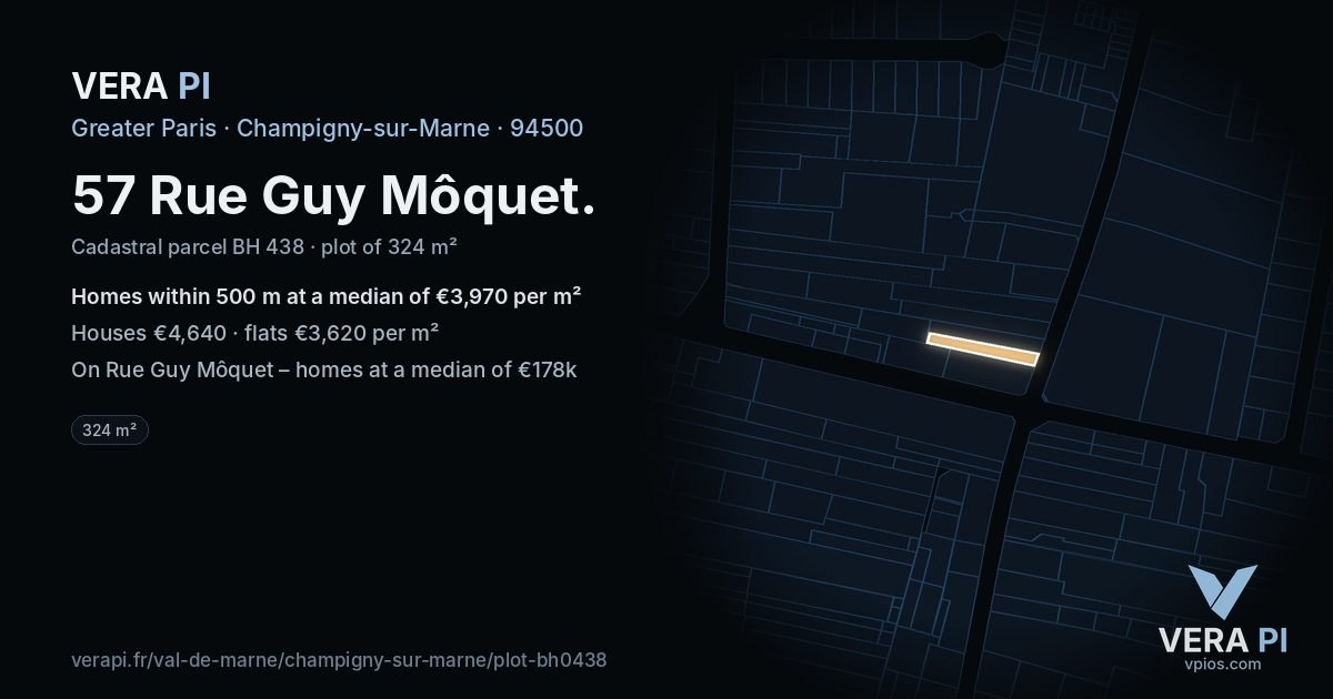 57 Rue Guy Môquet, Champigny-sur-Marne at night – the plot lit, the parcels around coloured by the prices near them