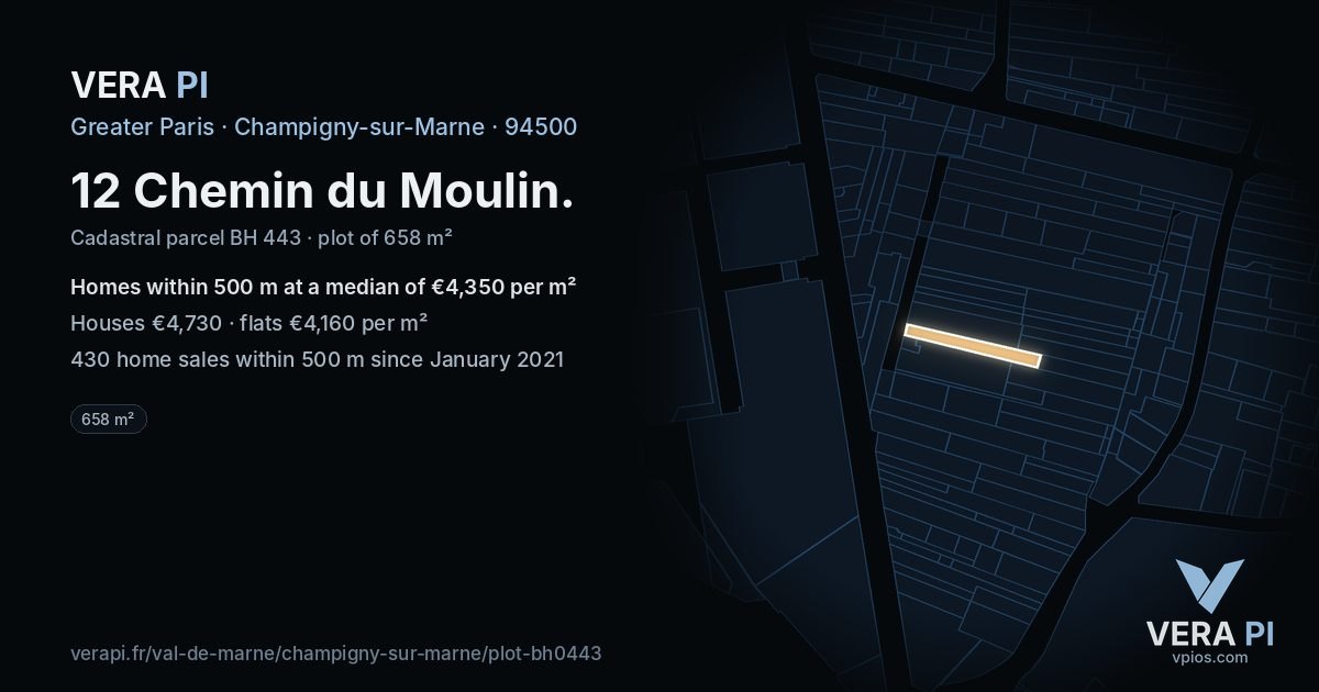 12 Chemin du Moulin, Champigny-sur-Marne at night – the plot lit, the parcels around coloured by the prices near them