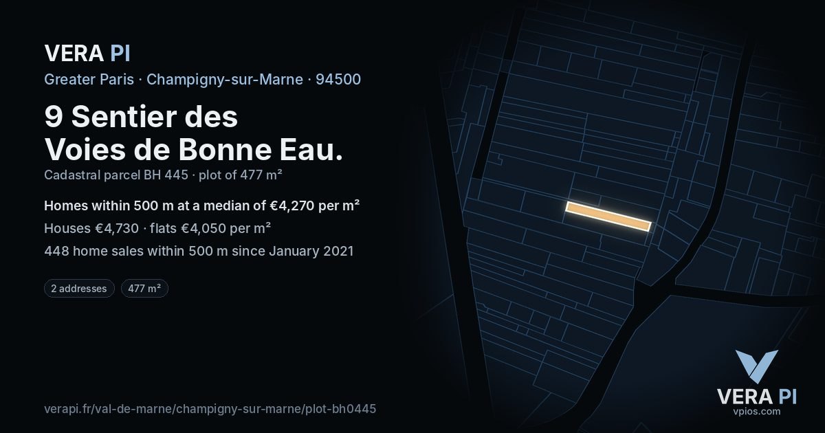 9 Sentier des Voies de Bonne Eau, Champigny-sur-Marne at night – the plot lit, the parcels around coloured by the prices near them