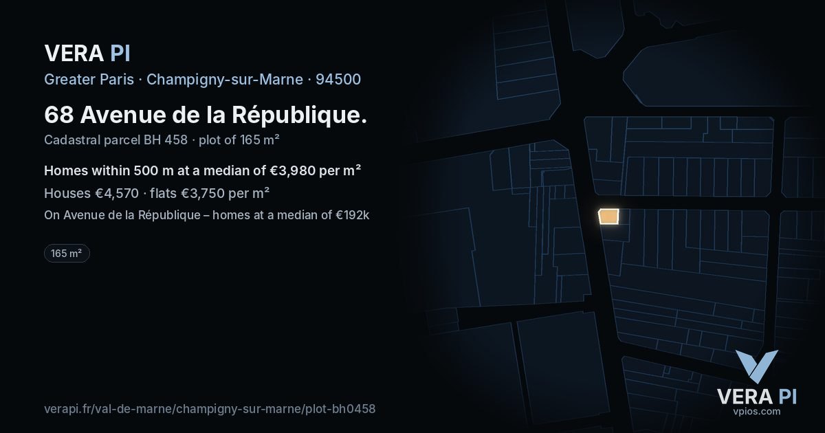 68 Avenue de la République, Champigny-sur-Marne at night – the plot lit, the parcels around coloured by the prices near them