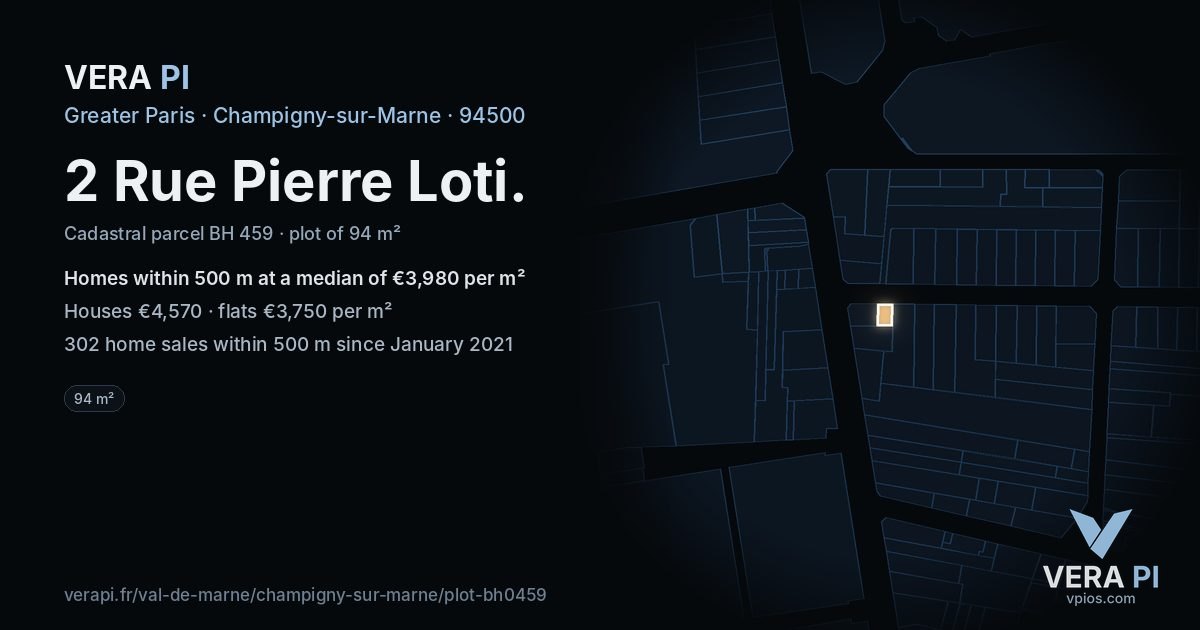 2 Rue Pierre Loti, Champigny-sur-Marne at night – the plot lit, the parcels around coloured by the prices near them