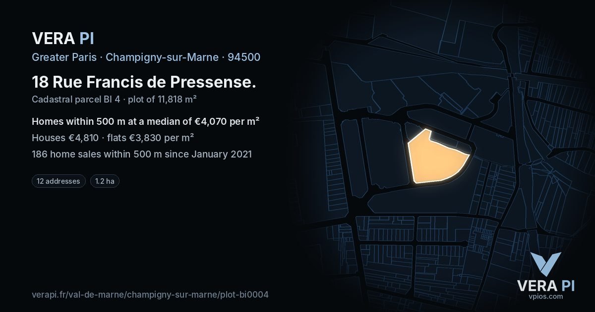 18 Rue Francis de Pressense, Champigny-sur-Marne at night – the plot lit, the parcels around coloured by the prices near them