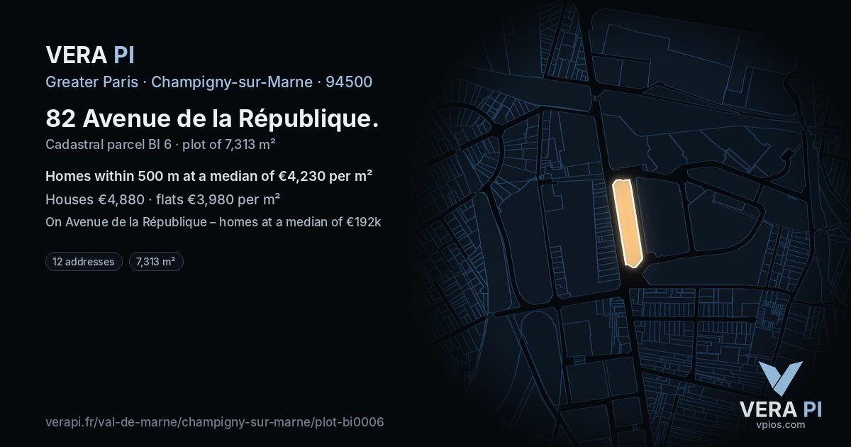 82 Avenue de la République, Champigny-sur-Marne at night – the plot lit, the parcels around coloured by the prices near them