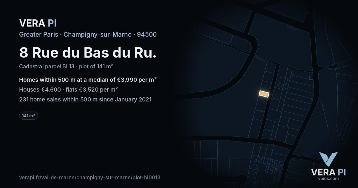 8 Rue du Bas du Ru, Champigny-sur-Marne at night – the plot lit, the parcels around coloured by the prices near them