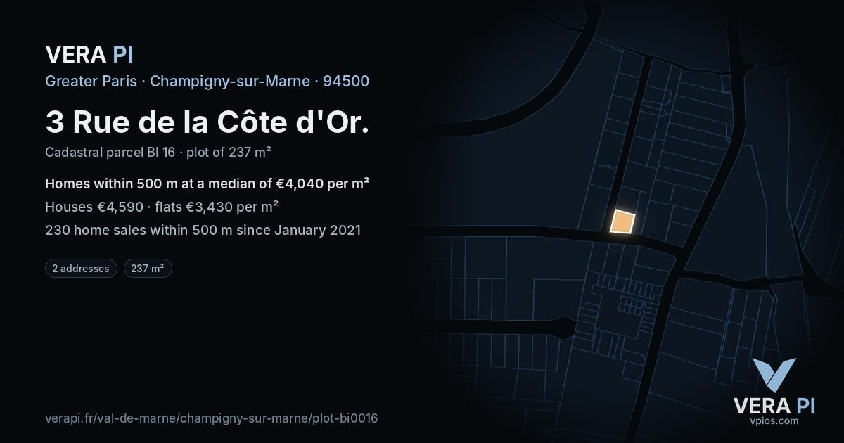 3 Rue de la Côte d'Or, Champigny-sur-Marne at night – the plot lit, the parcels around coloured by the prices near them