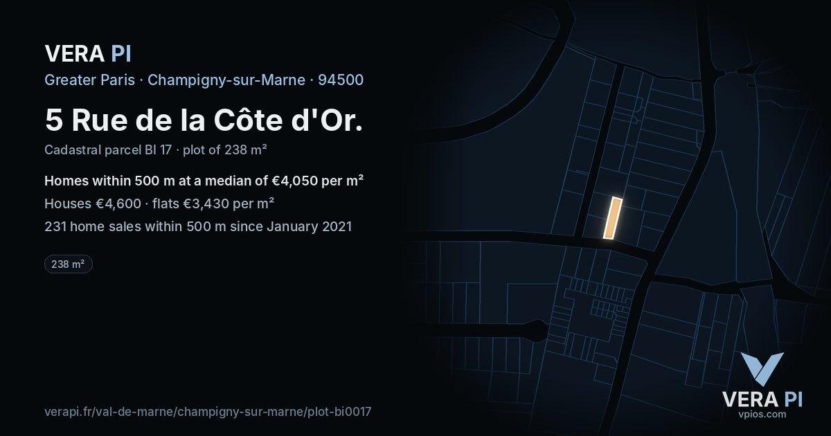 5 Rue de la Côte d'Or, Champigny-sur-Marne at night – the plot lit, the parcels around coloured by the prices near them