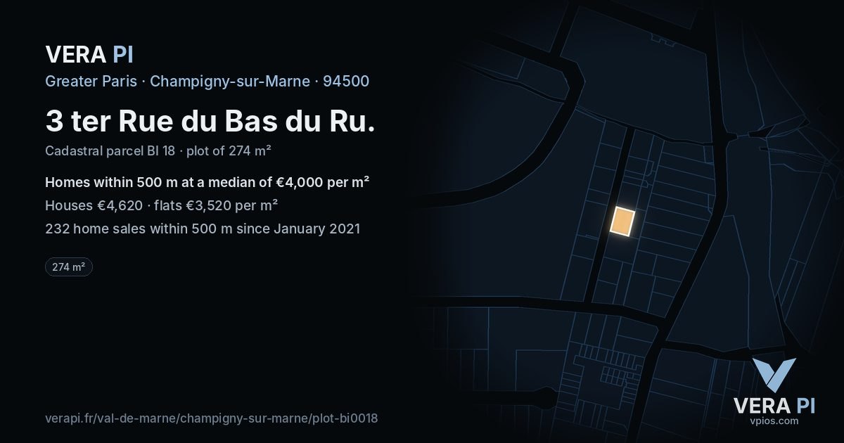 3 ter Rue du Bas du Ru, Champigny-sur-Marne at night – the plot lit, the parcels around coloured by the prices near them