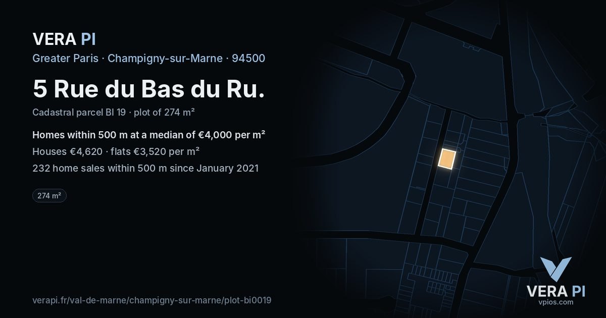 5 Rue du Bas du Ru, Champigny-sur-Marne at night – the plot lit, the parcels around coloured by the prices near them