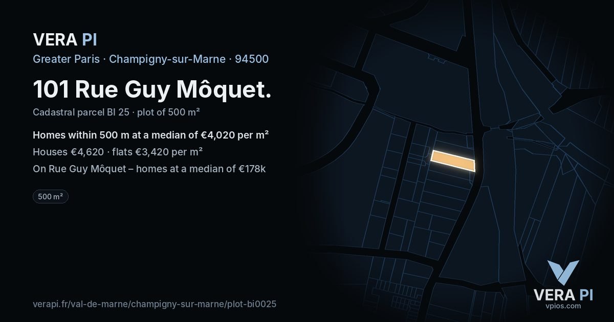 101 Rue Guy Môquet, Champigny-sur-Marne at night – the plot lit, the parcels around coloured by the prices near them