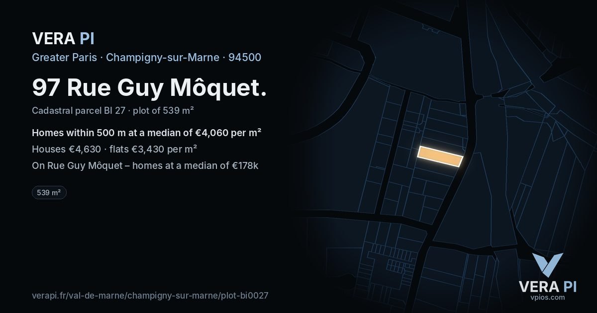 97 Rue Guy Môquet, Champigny-sur-Marne at night – the plot lit, the parcels around coloured by the prices near them