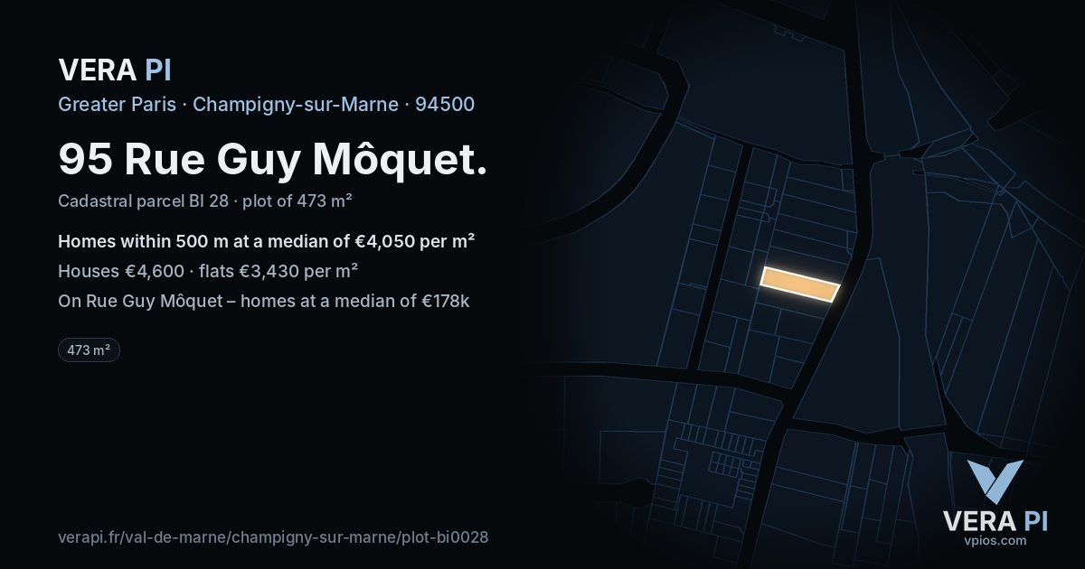 95 Rue Guy Môquet, Champigny-sur-Marne at night – the plot lit, the parcels around coloured by the prices near them