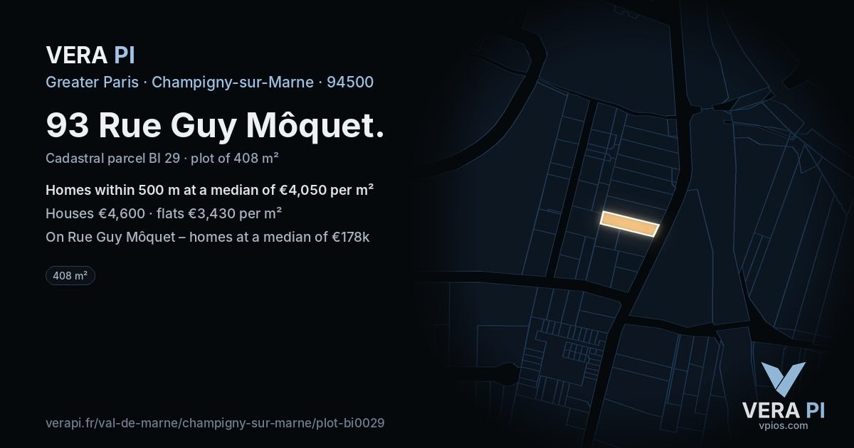 93 Rue Guy Môquet, Champigny-sur-Marne at night – the plot lit, the parcels around coloured by the prices near them