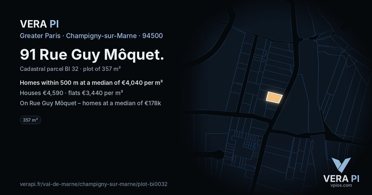 91 Rue Guy Môquet, Champigny-sur-Marne at night – the plot lit, the parcels around coloured by the prices near them