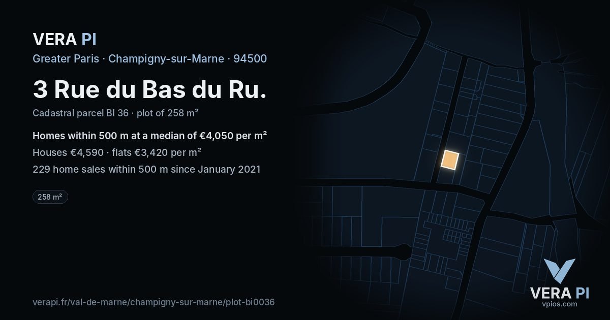3 Rue du Bas du Ru, Champigny-sur-Marne at night – the plot lit, the parcels around coloured by the prices near them