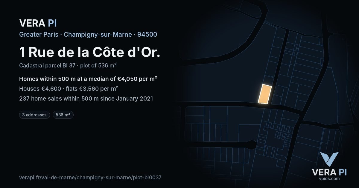 1 Rue de la Côte d'Or, Champigny-sur-Marne at night – the plot lit, the parcels around coloured by the prices near them