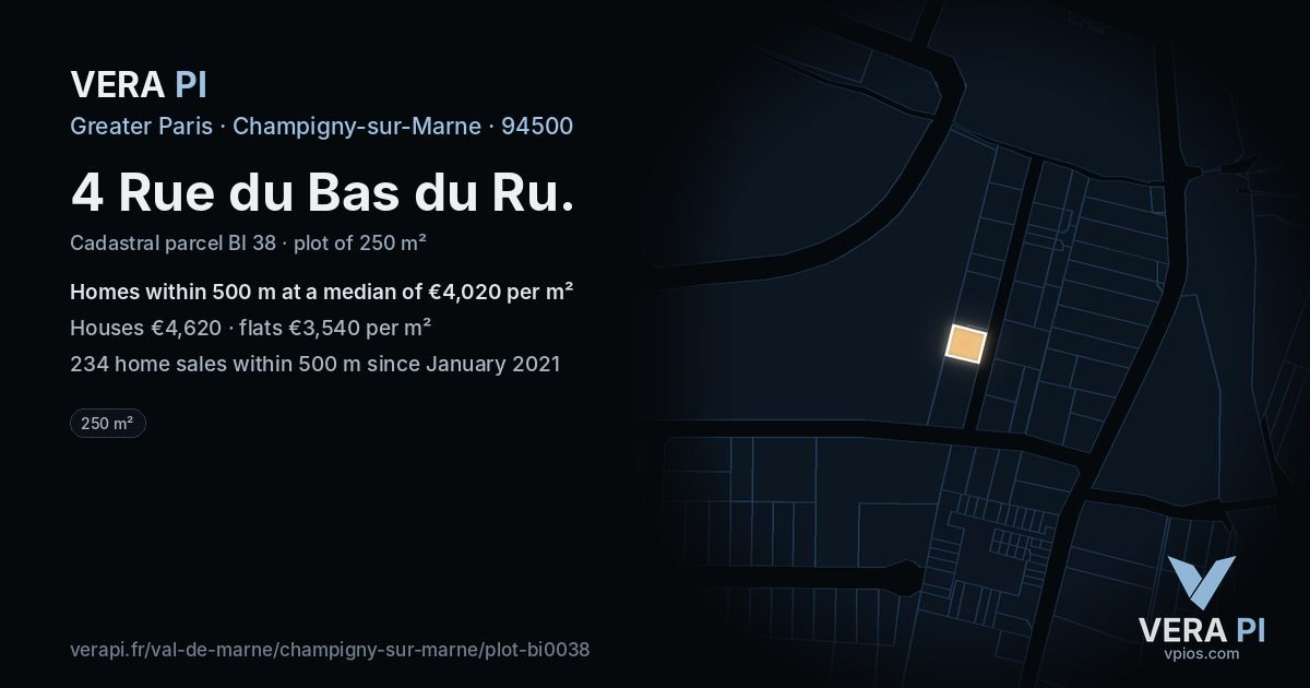 4 Rue du Bas du Ru, Champigny-sur-Marne at night – the plot lit, the parcels around coloured by the prices near them