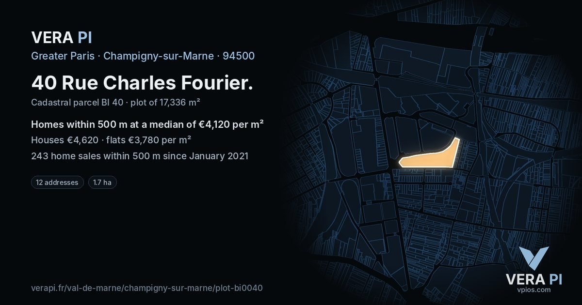 40 Rue Charles Fourier, Champigny-sur-Marne at night – the plot lit, the parcels around coloured by the prices near them