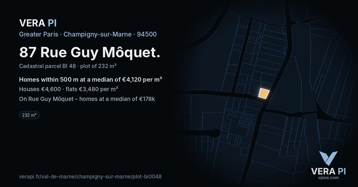 87 Rue Guy Môquet, Champigny-sur-Marne at night – the plot lit, the parcels around coloured by the prices near them