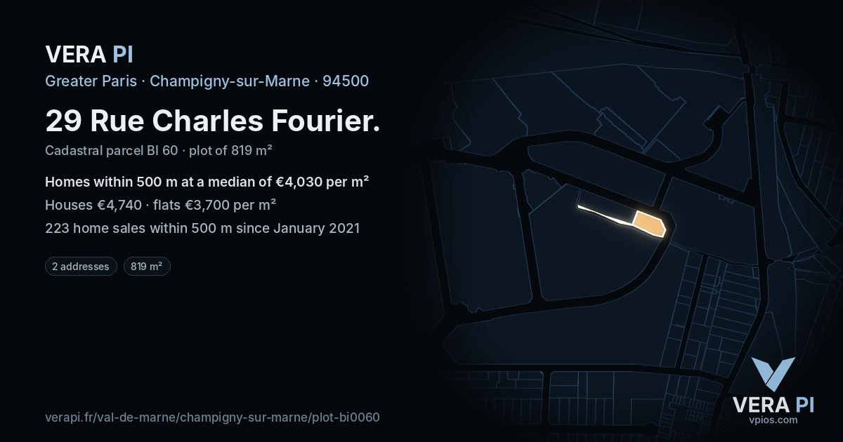 29 Rue Charles Fourier, Champigny-sur-Marne at night – the plot lit, the parcels around coloured by the prices near them
