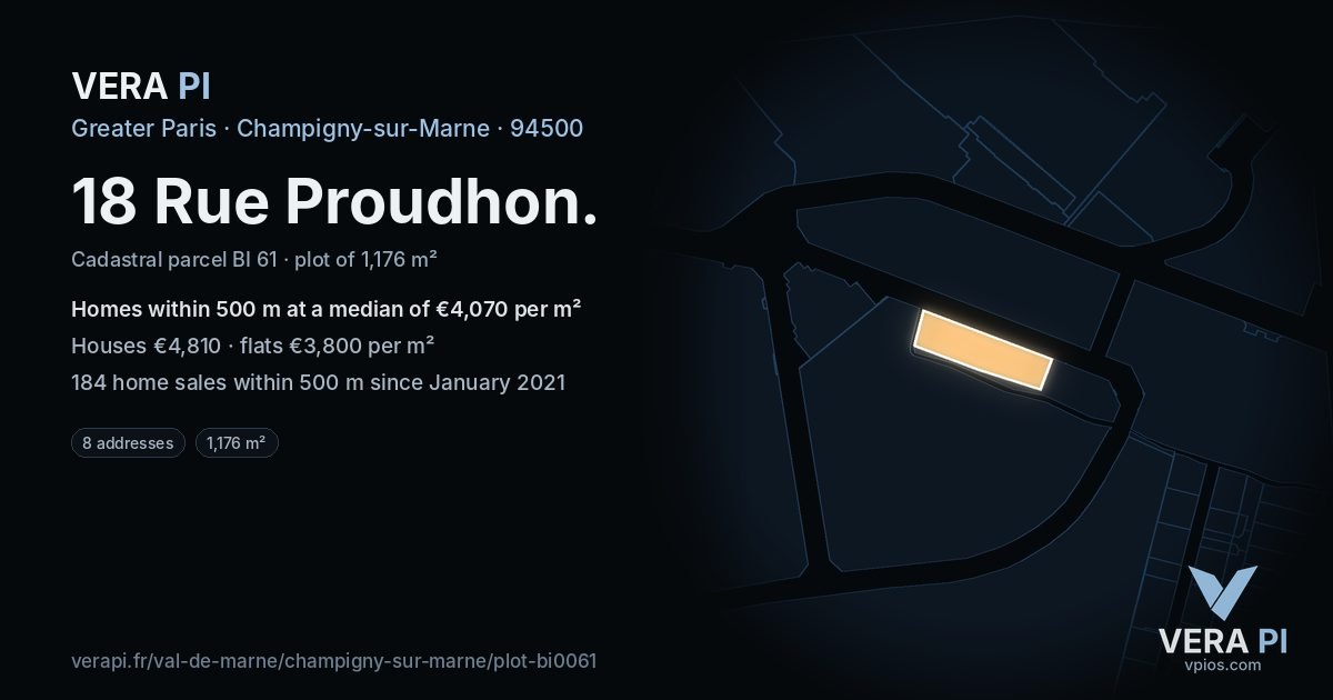 18 Rue Proudhon, Champigny-sur-Marne at night – the plot lit, the parcels around coloured by the prices near them