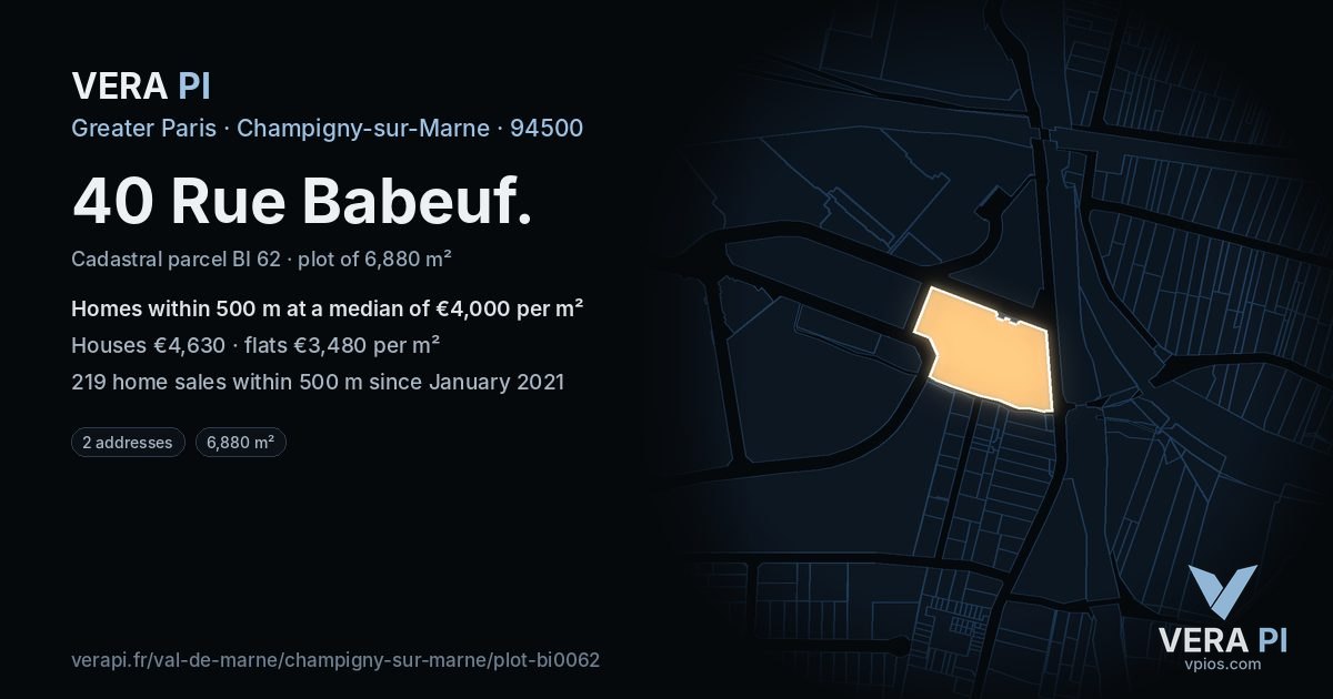 40 Rue Babeuf, Champigny-sur-Marne at night – the plot lit, the parcels around coloured by the prices near them