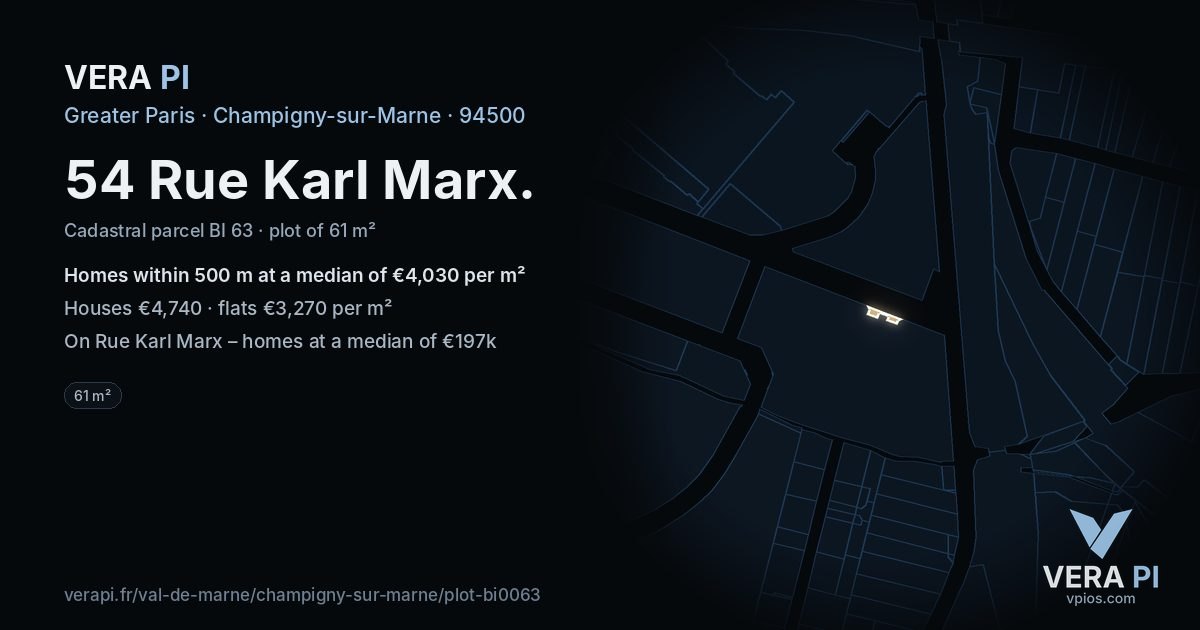 54 Rue Karl Marx, Champigny-sur-Marne at night – the plot lit, the parcels around coloured by the prices near them