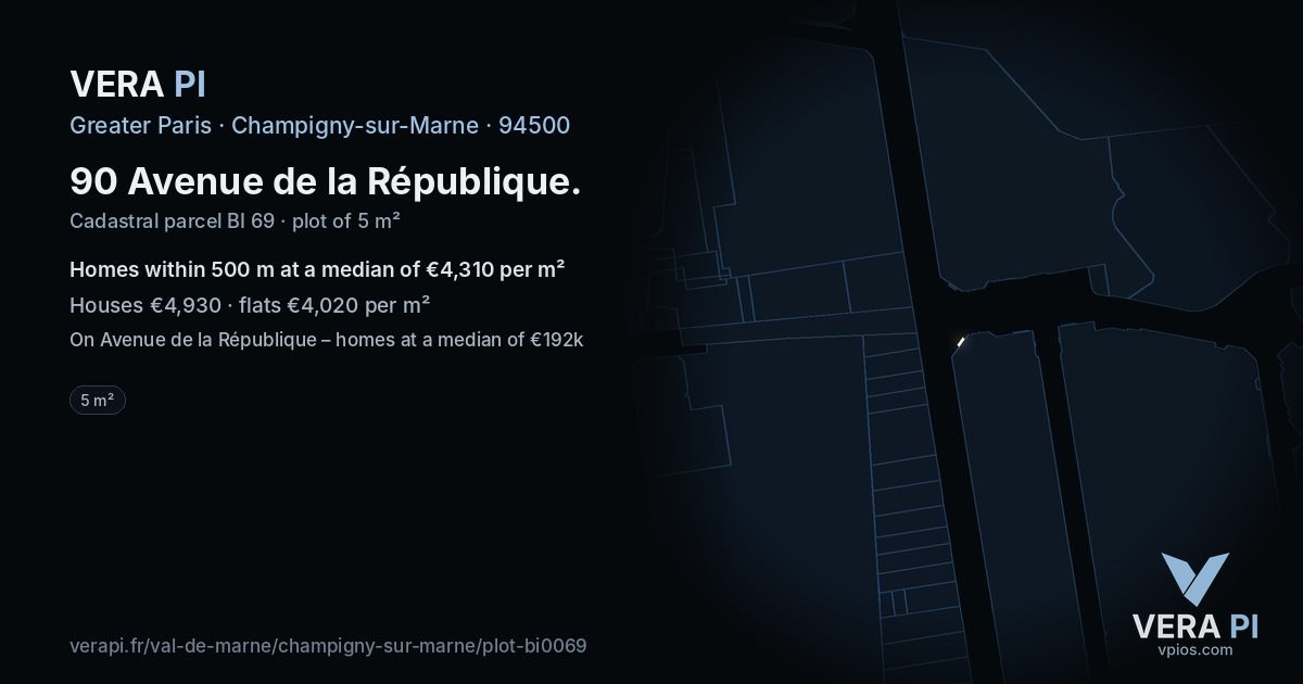 90 Avenue de la République, Champigny-sur-Marne at night – the plot lit, the parcels around coloured by the prices near them