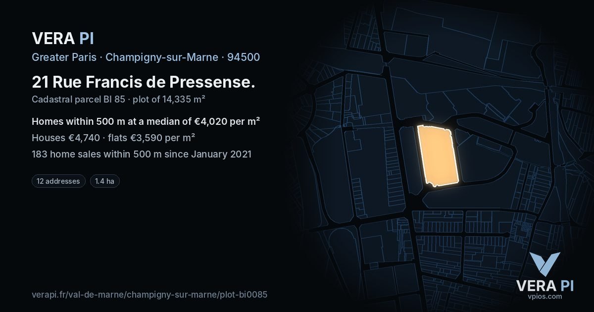 21 Rue Francis de Pressense, Champigny-sur-Marne at night – the plot lit, the parcels around coloured by the prices near them