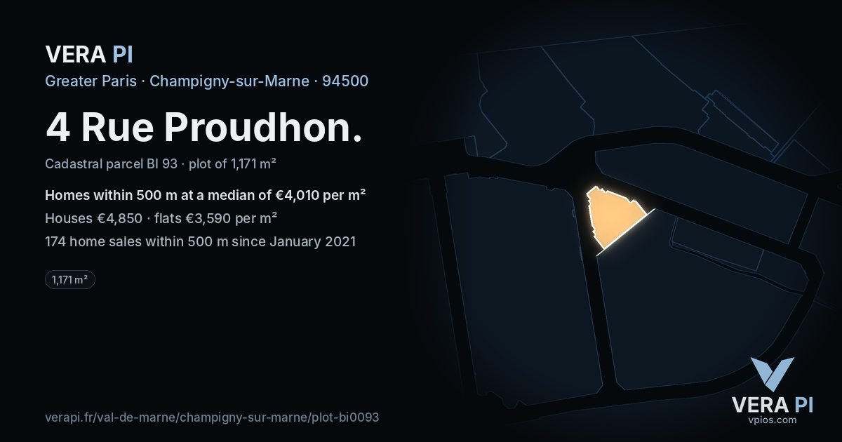 4 Rue Proudhon, Champigny-sur-Marne at night – the plot lit, the parcels around coloured by the prices near them