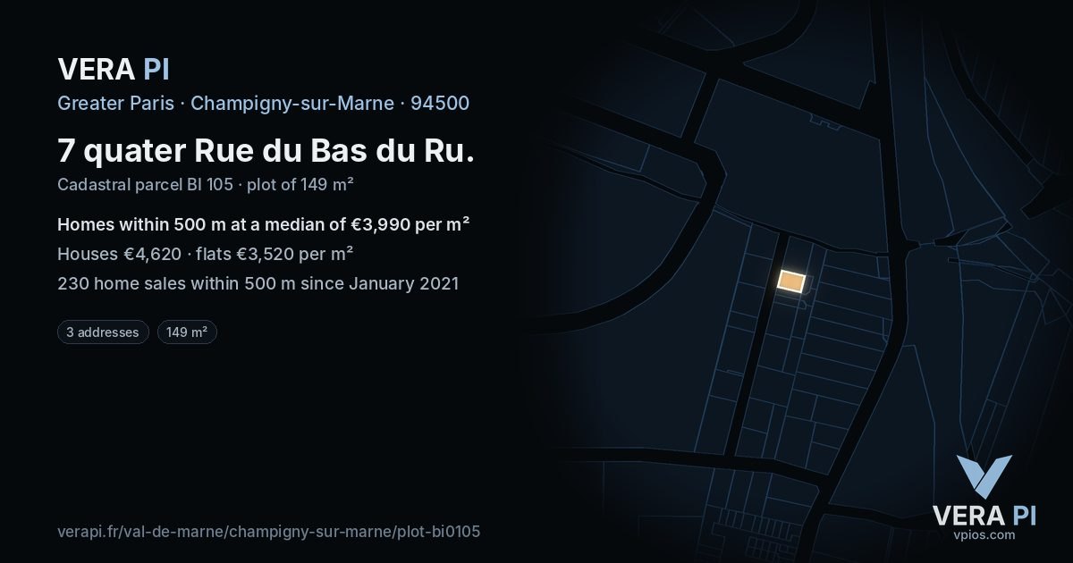 7 quater Rue du Bas du Ru, Champigny-sur-Marne at night – the plot lit, the parcels around coloured by the prices near them