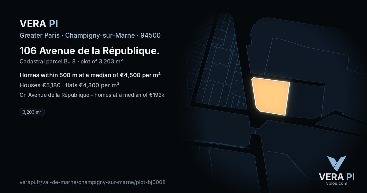 106 Avenue de la République, Champigny-sur-Marne at night – the plot lit, the parcels around coloured by the prices near them