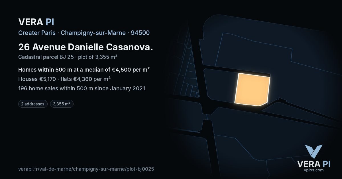 26 Avenue Danielle Casanova, Champigny-sur-Marne at night – the plot lit, the parcels around coloured by the prices near them