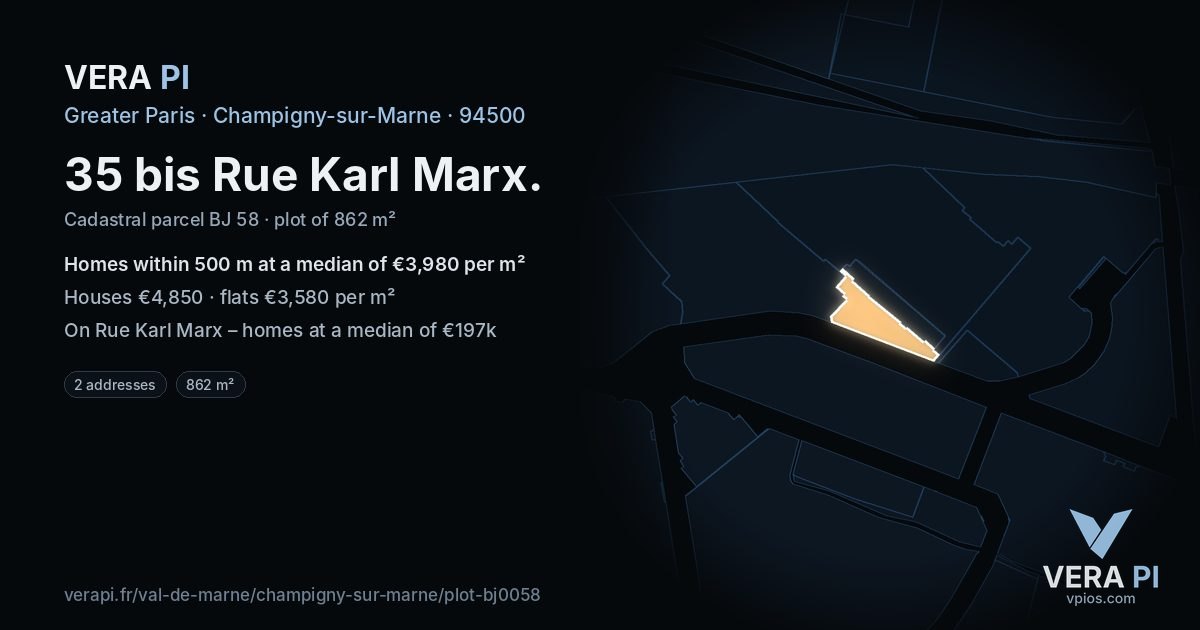 35 bis Rue Karl Marx, Champigny-sur-Marne at night – the plot lit, the parcels around coloured by the prices near them