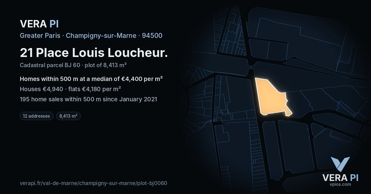 21 Place Louis Loucheur, Champigny-sur-Marne at night – the plot lit, the parcels around coloured by the prices near them