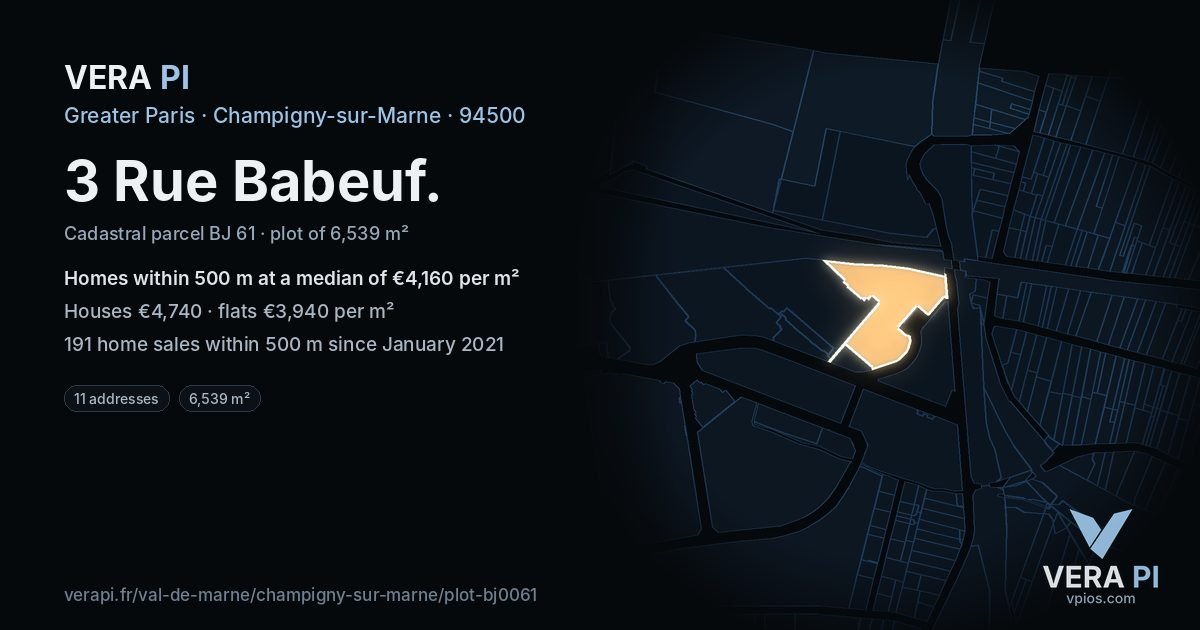 3 Rue Babeuf, Champigny-sur-Marne at night – the plot lit, the parcels around coloured by the prices near them