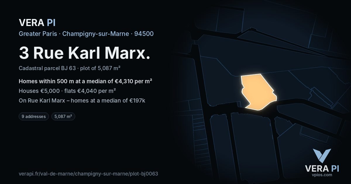 3 Rue Karl Marx, Champigny-sur-Marne at night – the plot lit, the parcels around coloured by the prices near them