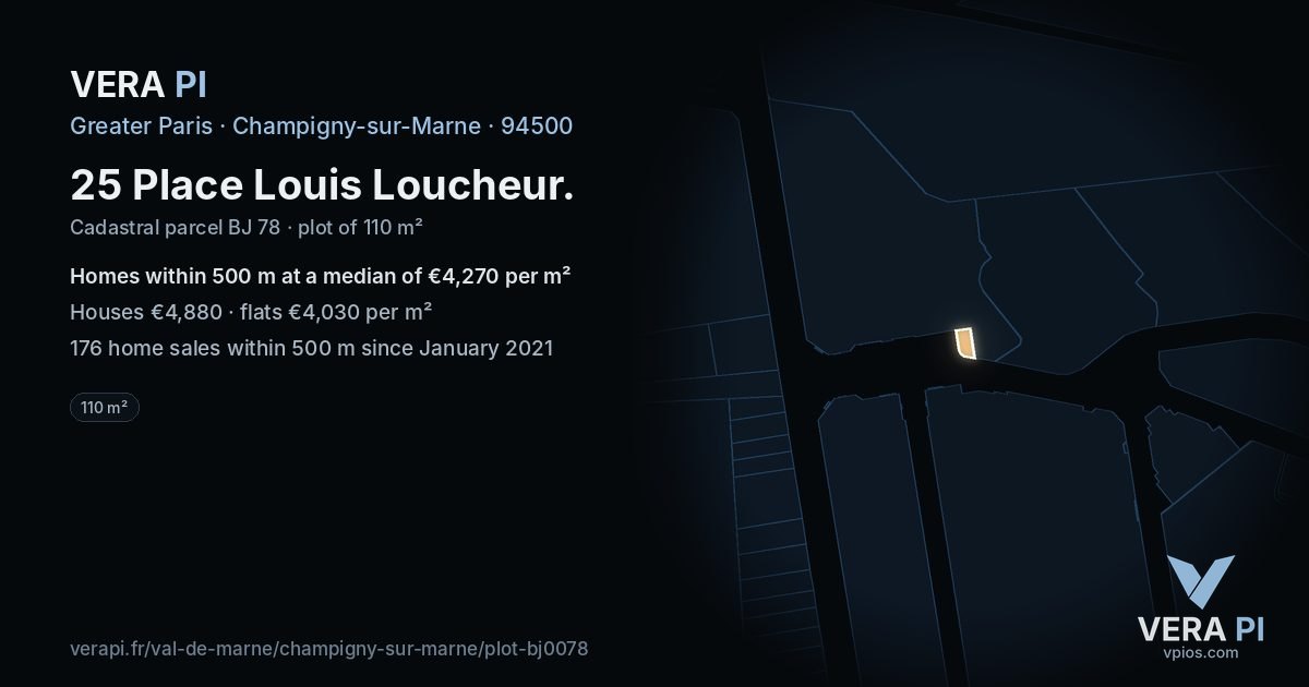 25 Place Louis Loucheur, Champigny-sur-Marne at night – the plot lit, the parcels around coloured by the prices near them