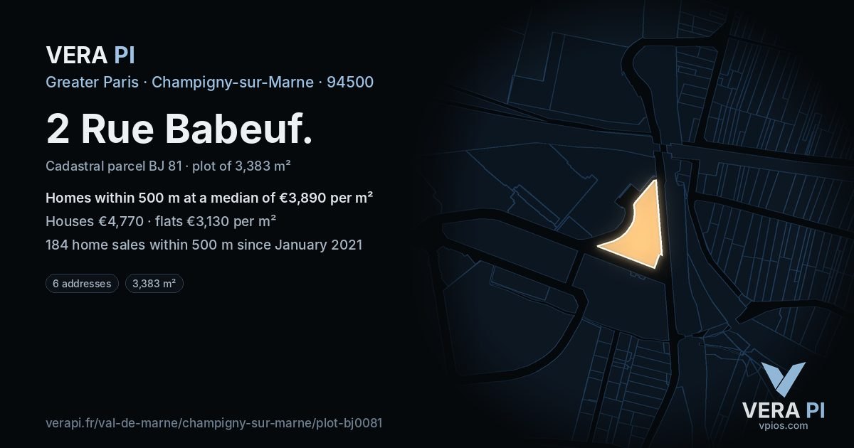 2 Rue Babeuf, Champigny-sur-Marne at night – the plot lit, the parcels around coloured by the prices near them