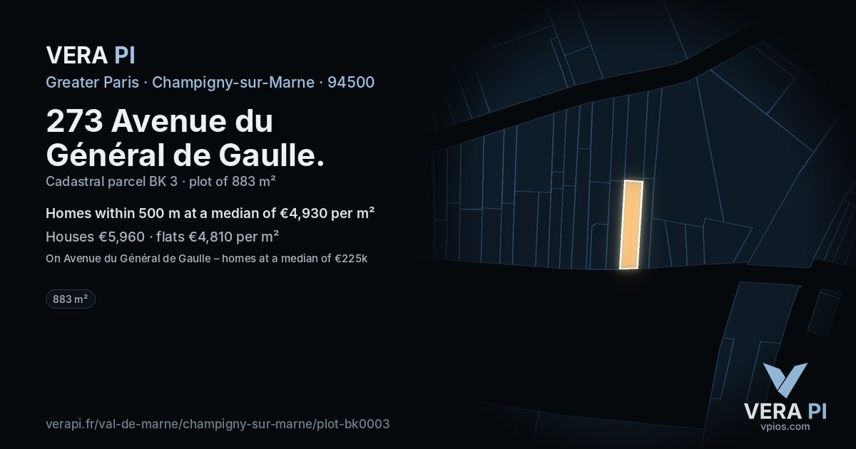 273 Avenue du Général de Gaulle, Champigny-sur-Marne at night – the plot lit, the parcels around coloured by the prices near them