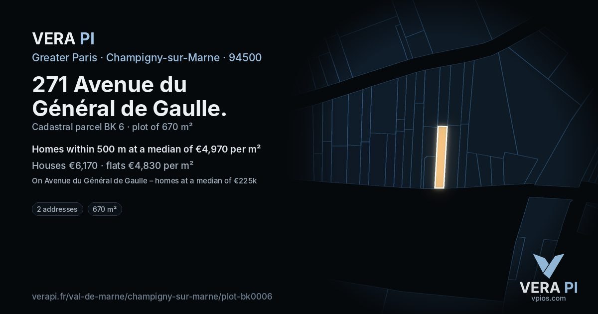271 Avenue du Général de Gaulle, Champigny-sur-Marne at night – the plot lit, the parcels around coloured by the prices near them