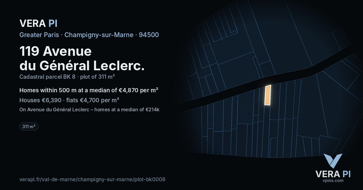 119 Avenue du Général Leclerc, Champigny-sur-Marne at night – the plot lit, the parcels around coloured by the prices near them