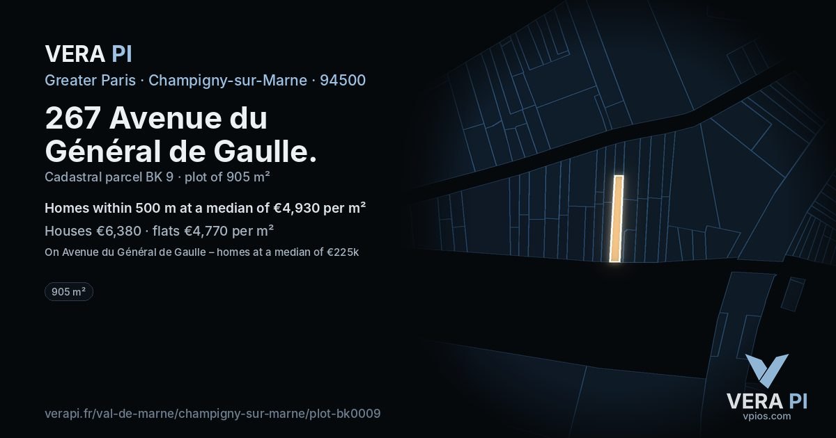 267 Avenue du Général de Gaulle, Champigny-sur-Marne at night – the plot lit, the parcels around coloured by the prices near them