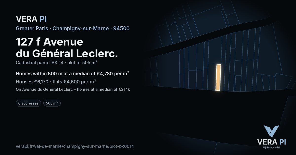 127 f Avenue du Général Leclerc, Champigny-sur-Marne at night – the plot lit, the parcels around coloured by the prices near them