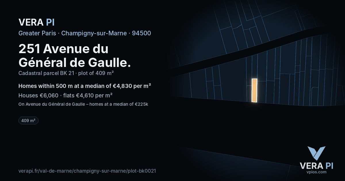 251 Avenue du Général de Gaulle, Champigny-sur-Marne at night – the plot lit, the parcels around coloured by the prices near them