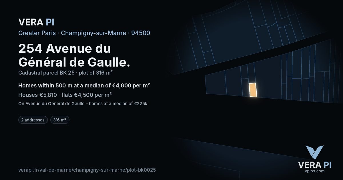 254 Avenue du Général de Gaulle, Champigny-sur-Marne at night – the plot lit, the parcels around coloured by the prices near them