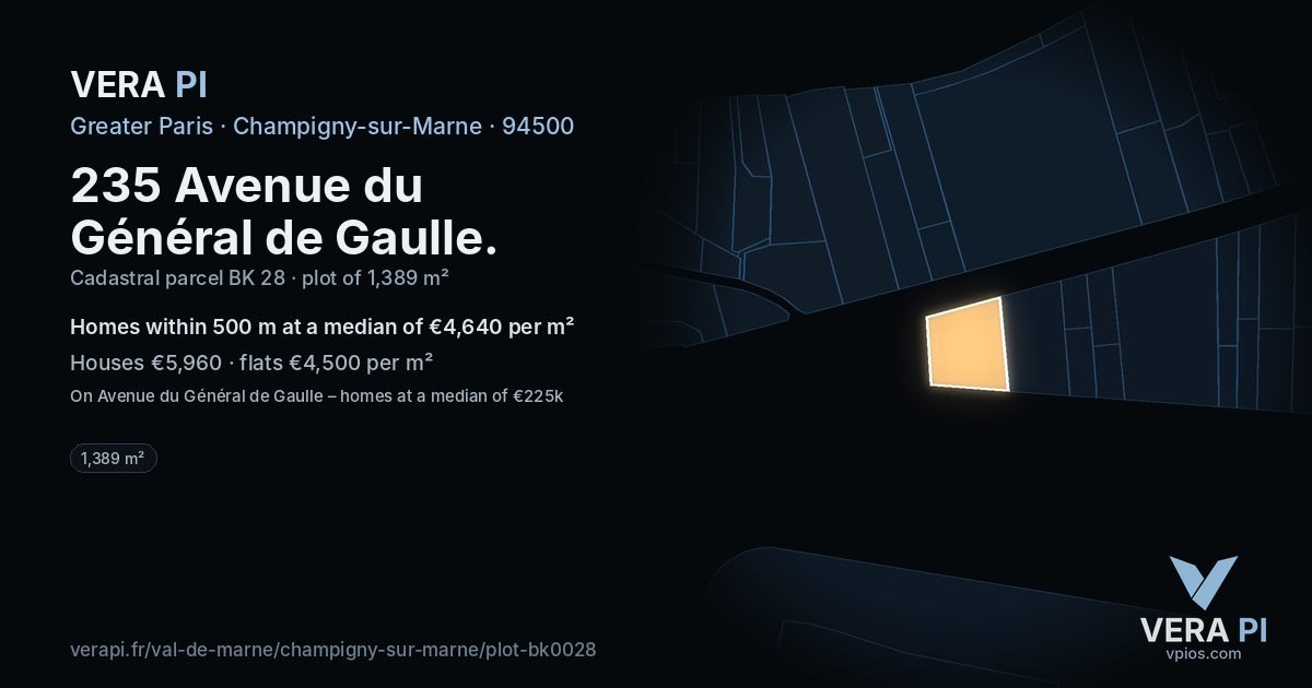 235 Avenue du Général de Gaulle, Champigny-sur-Marne at night – the plot lit, the parcels around coloured by the prices near them