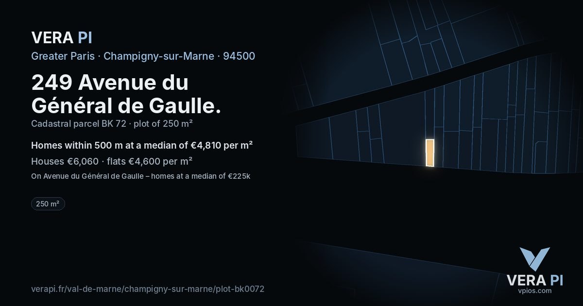 249 Avenue du Général de Gaulle, Champigny-sur-Marne at night – the plot lit, the parcels around coloured by the prices near them