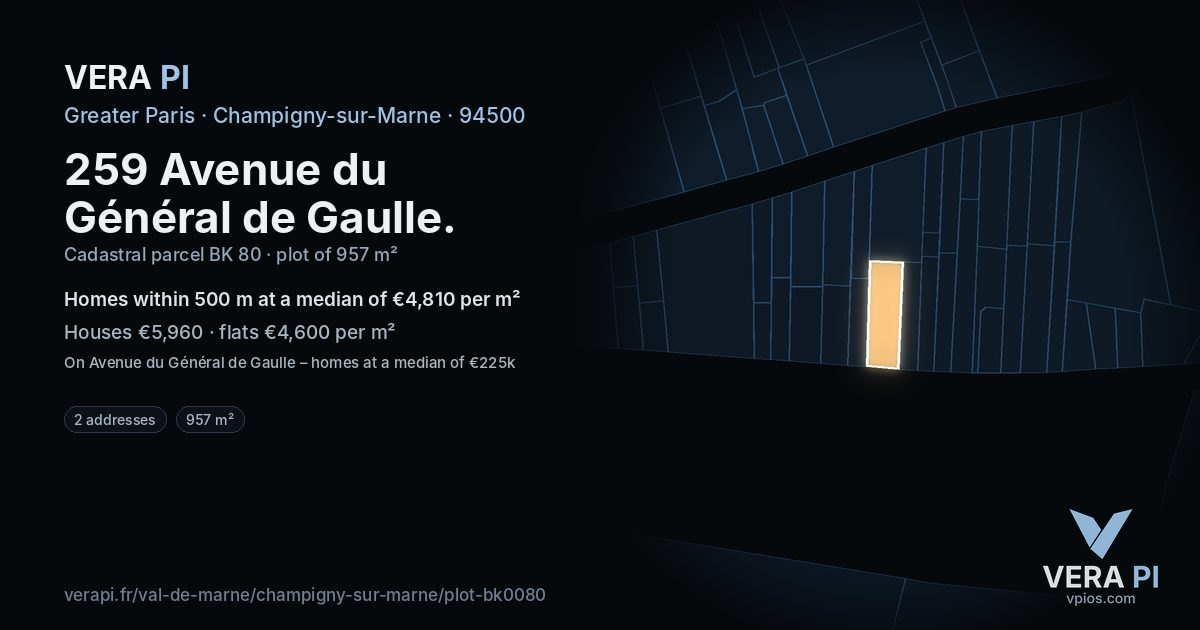 259 Avenue du Général de Gaulle, Champigny-sur-Marne at night – the plot lit, the parcels around coloured by the prices near them