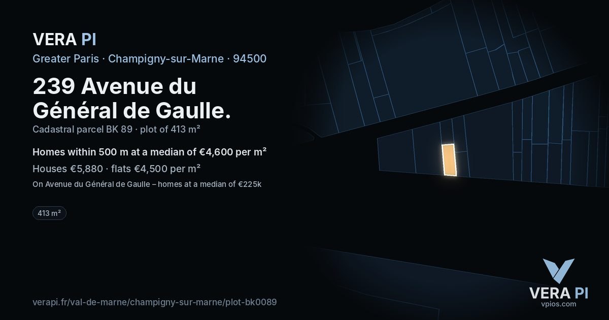 239 Avenue du Général de Gaulle, Champigny-sur-Marne at night – the plot lit, the parcels around coloured by the prices near them